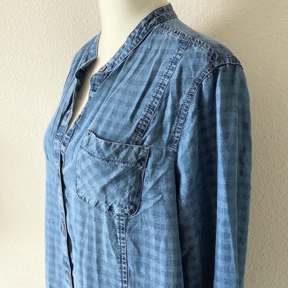 Chambray Shirtdress M Roll-Tab Sleeve Gingham Check Coastal Preppy Tomato Girl - Picture 8 of 12